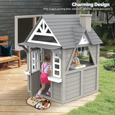 Outdoor Kids Playhouse, All Fir Gray Modern Wooden Playhouse, Indoor Outdoor Cottage Play House w/Sink, Stove, Cookware, Flowerpot Holders, Working Doorbell, for Kids Ages 3-8 (Gray) in Kuwait
