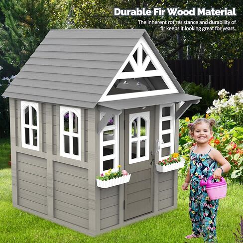 Outdoor Kids Playhouse, All Fir Gray Modern Wooden Playhouse, Indoor Outdoor Cottage Play House w/Sink, Stove, Cookware, Flowerpot Holders, Working Doorbell, for Kids Ages 3-8 (Gray) in Kuwait