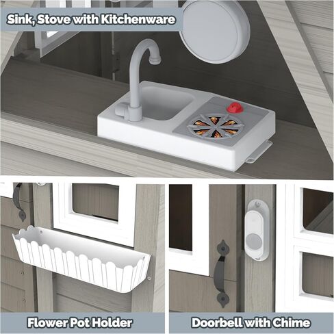 Outdoor Kids Playhouse, All Fir Gray Modern Wooden Playhouse, Indoor Outdoor Cottage Play House w/Sink, Stove, Cookware, Flowerpot Holders, Working Doorbell, for Kids Ages 3-8 (Gray) in Kuwait