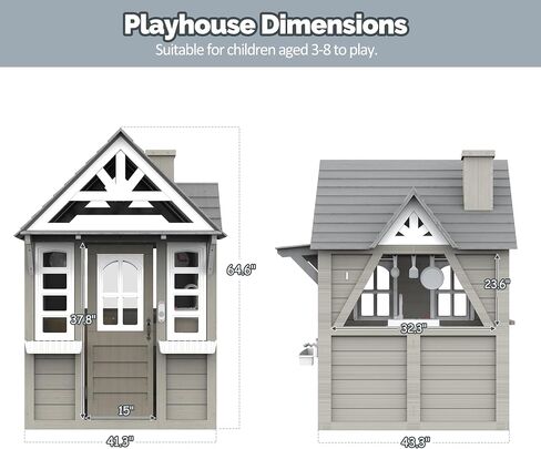 Outdoor Kids Playhouse, All Fir Gray Modern Wooden Playhouse, Indoor Outdoor Cottage Play House w/Sink, Stove, Cookware, Flowerpot Holders, Working Doorbell, for Kids Ages 3-8 (Gray) in Kuwait