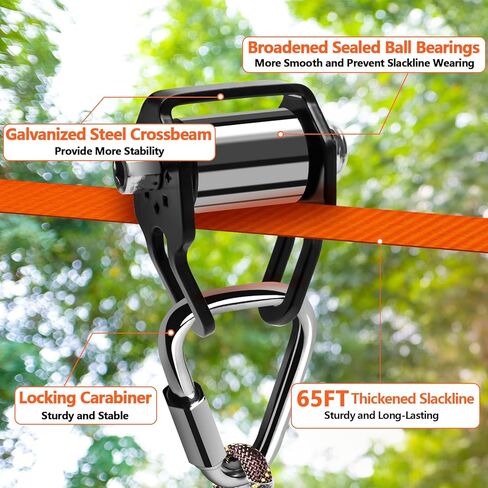 Zip Line Slackline Kit للأطفال والبالغين-بطولة Ninja 65 قدمًا مع مجموعة التدريب على البكرة ، وحمليات الأشجار ، و 2 في 1 في الفناء الخلفي في الهواء الطلق. in Kuwait