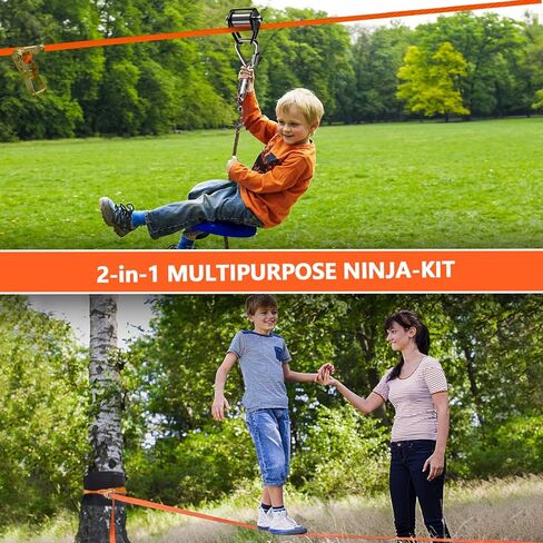 Zip Line Slackline Kit للأطفال والبالغين-بطولة Ninja 65 قدمًا مع مجموعة التدريب على البكرة ، وحمليات الأشجار ، و 2 في 1 في الفناء الخلفي في الهواء الطلق. in Kuwait