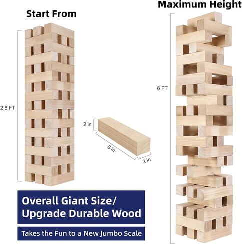GOTHINK Giant Tumble Tower Game, Large Tumbling Tower Stacking to Over 3.2 FT 60pcs Wooden Jumbo Blocks for Outside Yard Games w/Carry Case Timber Stacking Game Night Toy Gift for Kids Adults Family in Saudi Arabia