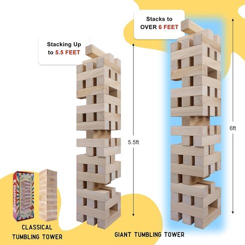 GOTHINK Giant Tumble Tower Game, Large Tumbling Tower Stacking to Over 3.2 FT 60pcs Wooden Jumbo Blocks for Outside Yard Games w/Carry Case Timber Stacking Game Night Toy Gift for Kids Adults Family in Saudi Arabia