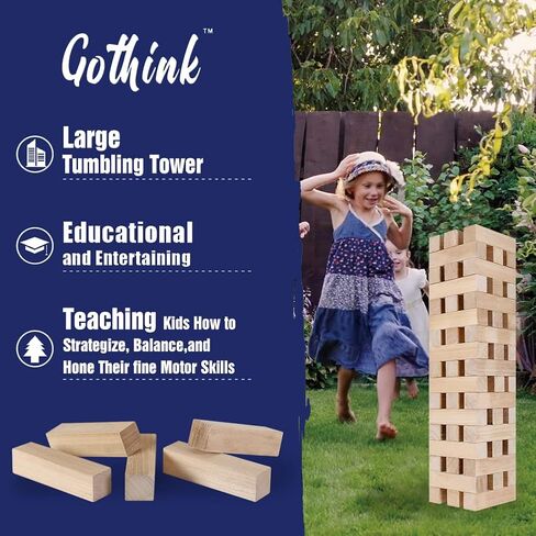 GOTHINK Giant Tumble Tower Game, Large Tumbling Tower Stacking to Over 3.2 FT 60pcs Wooden Jumbo Blocks for Outside Yard Games w/Carry Case Timber Stacking Game Night Toy Gift for Kids Adults Family in Saudi Arabia