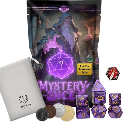 مجموعة DND Mystery Dice Set - 7 DICE RPG RPG عشوائي ، 4 عملات معدنية ، دبوس المينا وحقيبة المخملية - 1 في 10 فرصة للحصول على النرد الممتاز - هدية لمشغل TTRPG ، DM & DICE GOBLIN (الإصدار القياسي) in Kuwait