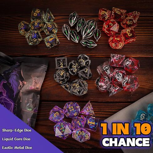 مجموعة DND Mystery Dice Set - 7 DICE RPG RPG عشوائي ، 4 عملات معدنية ، دبوس المينا وحقيبة المخملية - 1 في 10 فرصة للحصول على النرد الممتاز - هدية لمشغل TTRPG ، DM & DICE GOBLIN (الإصدار القياسي) in Kuwait
