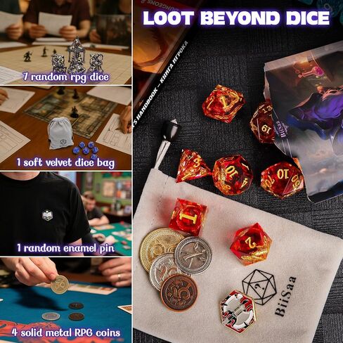 مجموعة DND Mystery Dice Set - 7 DICE RPG RPG عشوائي ، 4 عملات معدنية ، دبوس المينا وحقيبة المخملية - 1 في 10 فرصة للحصول على النرد الممتاز - هدية لمشغل TTRPG ، DM & DICE GOBLIN (الإصدار القياسي) in Kuwait