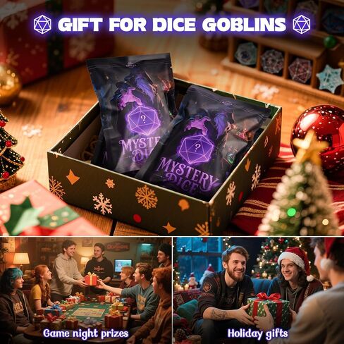 مجموعة DND Mystery Dice Set - 7 DICE RPG RPG عشوائي ، 4 عملات معدنية ، دبوس المينا وحقيبة المخملية - 1 في 10 فرصة للحصول على النرد الممتاز - هدية لمشغل TTRPG ، DM & DICE GOBLIN (الإصدار القياسي) in Kuwait