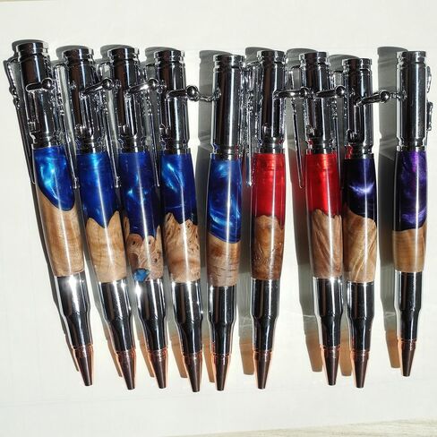 Handmade Bolt Action Pen Set Bullet Pen Ballpoint Pen Using Precious Woods,Stabilized Woods, and Resin Crafts with Rifle Clip Extra Gift Box (Chrome-Birch Burl Wood & Blue Ocean Resin Composite) in Saudi Arabia