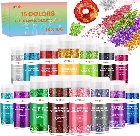 HTVRONT Holographic Chunky Glitter for Crafts - 15 Colors Holographic Glitter for Resin, Each 10g Craft Glitter for Nails, Face, Tumblers, Body, Hair, Painting, Epoxy, Art in Saudi Arabia