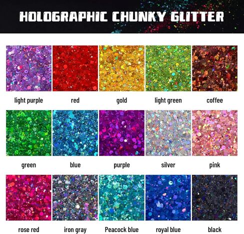 HTVRONT Holographic Chunky Glitter for Crafts - 15 Colors Holographic Glitter for Resin, Each 10g Craft Glitter for Nails, Face, Tumblers, Body, Hair, Painting, Epoxy, Art in Saudi Arabia