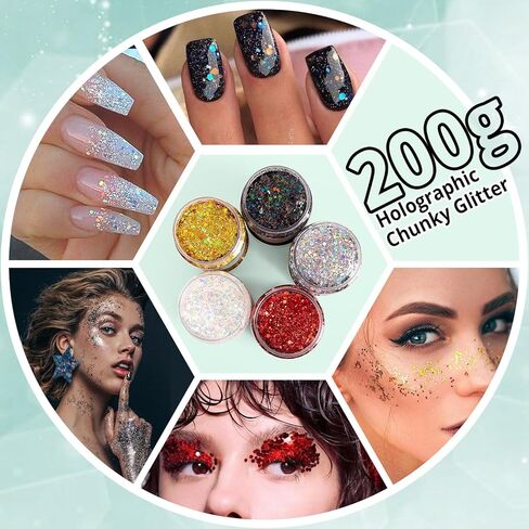 Htvront Holographic chunky glitter للحرف اليدوية - 15 ألوانًا من اللمعان المجسم للراتنج ، كل بريق حرفي 10 جرام للأظافر ، الوجه ، البهلوانات ، الجسم ، الشعر ، الطلاء ، الايبوكسي ، الفن in Kuwait