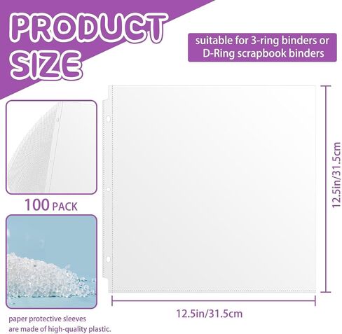 Vmiapxo 100 Pack 12" x 12" Scrapbook Page Protectors, Craft Paper Protective Sleeves Photo Vinyl Storage Pockets Organizer Scrapbook Binder Album Supplies for 3 Ring D-Ring Binder in Kuwait