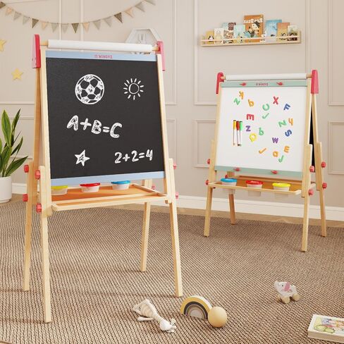 WINGYZ Easel for Kids – 3-in-1 Art Easel with Chalkboard, Magnetic Whiteboard & 400" Paper Roll, Adjustable Wooden Drawing Board for Home, Classroom & Outdoor, Creative Gift for Toddlers & Kids 2-12 in Kuwait