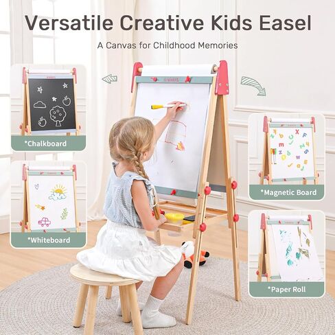 WINGYZ Easel for Kids – 3-in-1 Art Easel with Chalkboard, Magnetic Whiteboard & 400" Paper Roll, Adjustable Wooden Drawing Board for Home, Classroom & Outdoor, Creative Gift for Toddlers & Kids 2-12 in Kuwait