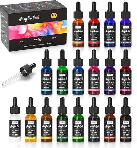 Nicpro 18 Colors Acrylic Ink, 1-oz(30ml) Bottle with Dropper, Quick Dry Permanent Acrylic Drawing Inks For Artist, Essential Color Set For Ink Drawing, Pouring Art, Airbrush, Scrapbooking, Mixed Media in Saudi Arabia
