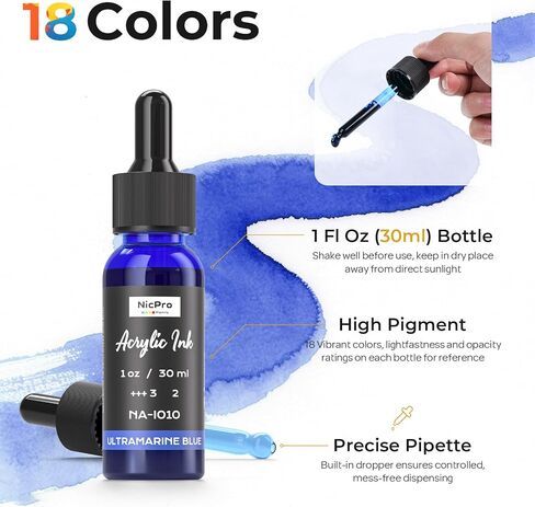 Nicpro 18 Colors Acrylic Ink, 1-oz(30ml) Bottle with Dropper, Quick Dry Permanent Acrylic Drawing Inks For Artist, Essential Color Set For Ink Drawing, Pouring Art, Airbrush, Scrapbooking, Mixed Media in Saudi Arabia