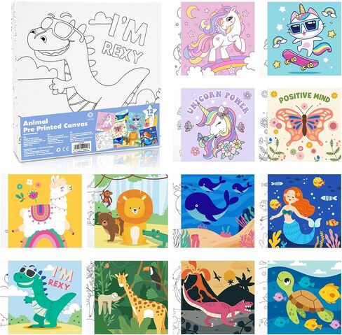 CONDA 12 Pcs Pre Drawn Canvas to Paint 6x6 Inch, Animal Pre Printed Canvas for Painting for Kids Beginners Students, DIY Paint Art Supplies, Painting Canvas Panels and Sip Kit in Kuwait