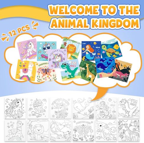 CONDA 12 Pcs Pre Drawn Canvas to Paint 6x6 Inch, Animal Pre Printed Canvas for Painting for Kids Beginners Students, DIY Paint Art Supplies, Painting Canvas Panels and Sip Kit in Kuwait