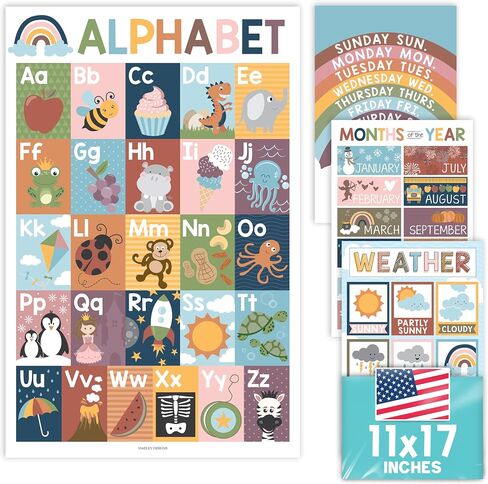 4 Retro Kids Educational Posters For Toddlers - Alphabet Poster For Toddlers, Days Of The Week For Kids, Months Of The Year For Classroom Decorations For Teachers, Kindergarten Homeschool Supplies… in Saudi Arabia