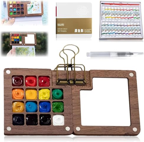 Mini Paint Palette Travel Kit - Mini Travel Watercolor Palette Set, Pocket Artist Water Color Travel Set, Pocketartist Drawing Board Paint Palette Travel Kit with Brush (Walnut-8 Grids) in Kuwait