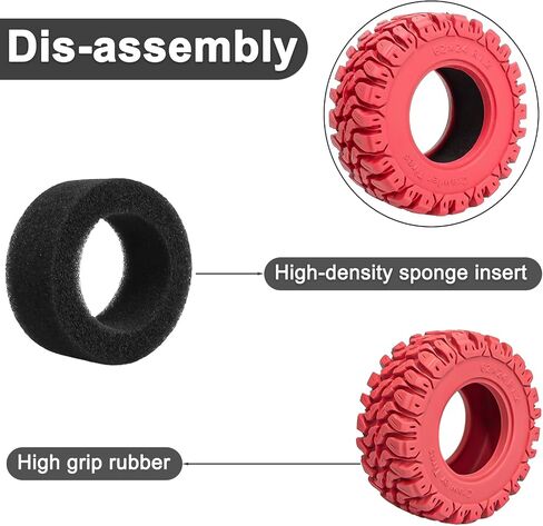 1.2" RC Crawler Tires 62 * 24mm Soft Rubber 1.2 Tires Colored Tyres with Foam Insert for 1/18 TRX4M 1/24 SCX24 FCX24 Upgrade (4PCS, Red) in Kuwait