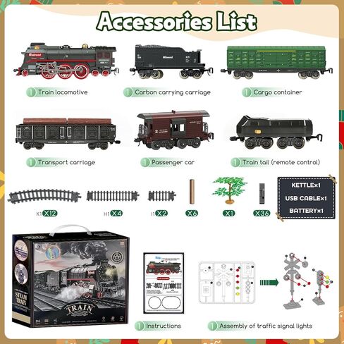 قطار التحكم عن بُعد في عيد الميلاد مجموعة من الدخان ، والأضواء ، والصوت ، والقاطرة ، والسيارات ، والعربات البعيدة ، و 3 منافذ الدخان ، و USB قابلة لإعادة الشحن ، مع المسار ، تحت شجرة عيد الميلاد ، هدايا للأطفال 3+ in Kuwait