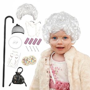 Old Lady Costume Wig for Girls, 100th Day Of School Kids Granny Wigs 20Pcs (White)