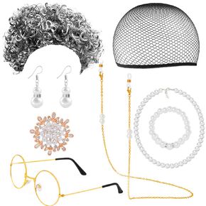 Old Lady Costume Cosplay Set Granny Wig Cap Glasses Chain Cords Faux Pearl Accessory Brooch (Silver-Grey)