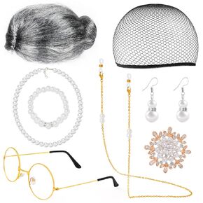 Old Lady Costume Cosplay Set Granny Wig Cap Glasses Chain Cords Faux Pearl Accessory Brooch (Silver-Grey)