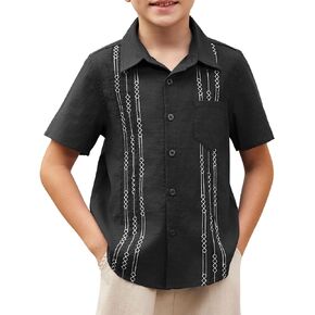 Arshiner Boys Guayabera Shirt Short Sleeve Cotton Linen Button Down Shirt Summer Beach Tops with One Pocket