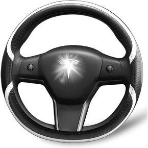 BOJE Special Car Custom Tesla Model 3 Steering Wheel Cover,Tesla Model 3 Steering Wheel Cover is Designed with Non-Slip Soft and Comfortable Premium Leather, Model 3 Accessories (Black and red)