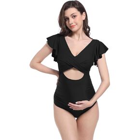 V VOCNI Maternity Swimsuit One Piece Cutout Tie Back Ruffle Pregnancy Bathing Suits Push Up Swimwear