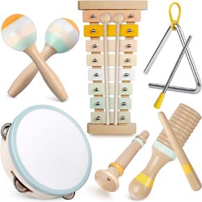 Baby Musical Instruments - Montessori Musical Toys for Toddlers 1-3, Neutral Colors Wooden Percussion Instruments Set, Modern Boho Xylophone Tambourine, Kids Preschool Educational Birthday Gifts