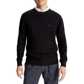 Tommy Hilfiger Men's Flag Logo Cable Knit Sweater (US, Alpha, Large, Regular, Regular, Black)