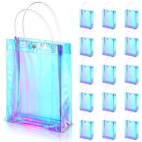 Sherr 16 Pcs Holographic Small Gift Bag Reusable Iridescent Clear Bags for Women PVC Plastic Goodie Bags with Handles for Shopping Christmas Holiday Gift Party Favor(Rainbow, 7.87" x 7.87" x 3.15")