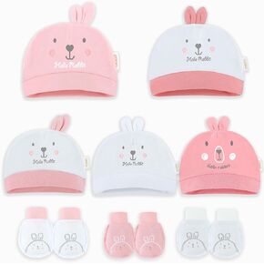 Organic Cotton Baby Mittens and Caps Set with Adorable Bunny Design for Newborn 0-6 Months, No Scratch, Ultra Soft, Lovely Pink