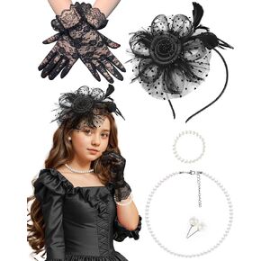 Girls Tea Party Fascinators Hats with Lace Gloves Pearl Necklace Earring Jewelry for Tea Party Wedding Accessories