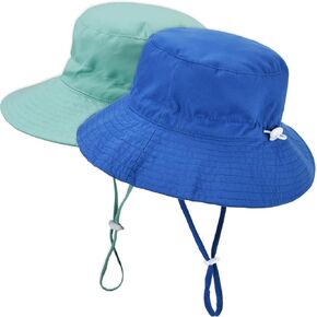 Exemaba Baby Sun Hat Adjustable - 2pcs Toddler Kids Wide Brim Bucket UPF 50+ Summer Play Hat with Chin Strap