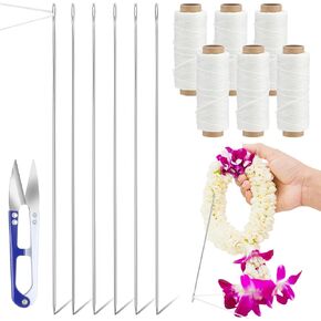 13 Pcs Lei Needle Kit Include 6 Pcs Stainless Steel Long Needle 6 Lei Needle Twine 1 Sewing Scissors for DIY Graduation Hawaiian Lei Flowers Bead Stitch Craft (Basic Style,14'', 12'', 9.1'')