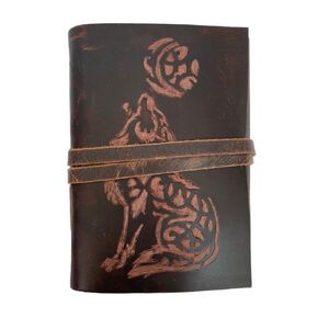 Wolf Embossed Handmade Soft Leather Journal Notebook Diary Grimoire, Daily Planner Organizer Book of Shadows, 240 Offwhite Unlined Recycled Handmade Pages Sketchbook 5x7 Inches