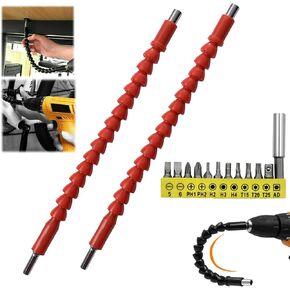 2Pcs Flexible Drill Bit Extension, Flexible Drill Bit Extension Holder + 1/4'' Screwdriver Bit Set 10 Pcs, Soft Drill Connection Adaptor Screwdriver Extension for Power Drill (RED)