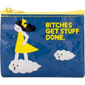 Blue Q Coin Purse, Bitches Get Stuff Done. Made from 95% recycled plastic, the ultimate little zipper bag to corral stamps, ear buds, gift cards, coins. 3"h x 4"w