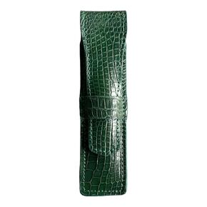 Handmade Green Alligator Pen Case, Alligator Pen Holder, Genuine Leather Pen and Pencil Case with Tuck in Flap (2-3 Pens)