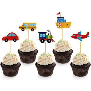 Transportation Cupcake Toppers 30 Pack Car Truck Train Airplane Ship Party Cake Toppers Picks for Kids Birthday Baby Shower Party Decorations Supplies
