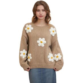Floral Crewneck Long Sleeve Pullover Sweaters for Women 2024 Trendy