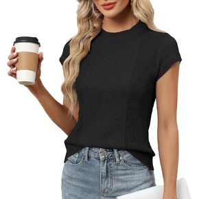 LOMON Women's Summer Cap Sleeve Knit Tops Mock Neck Business Casual Sweaters Lightweight Pullover Blouses