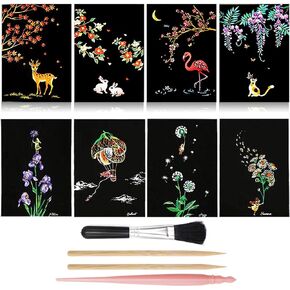 Scratch Art Rainbow Painting Paper, Crafts Arts Mini Postcard Set 8 Sheets with Tools Scratchboard Painting Engraving Womens Hobbies Adults Kids Gift