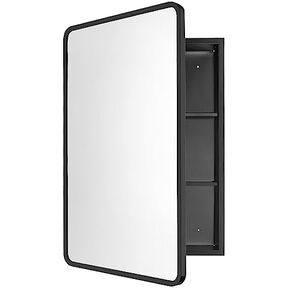 Movo 24 Inch x 30 Inch Black Metal Framed Bathroom Mirror Medicine Cabinet Rectangle Tilting Beveled Vanity Mirrors Recess or Surface Mount Installation